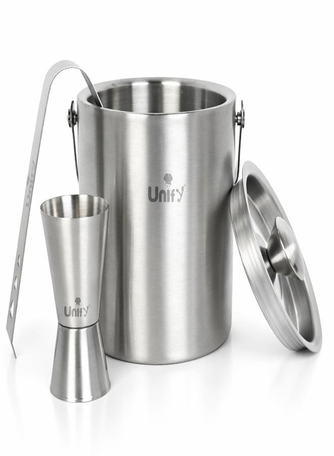 Unify 3 Pieces Stainless Steel Double Wall Ice Bucket Set (1 Litre) with Lid, Ice Tongs & 30/60 ml Peg Measurer | Insulated Ice Bucket for Home Bar, Parties & Cocktails, Bar Accessories - Image 1